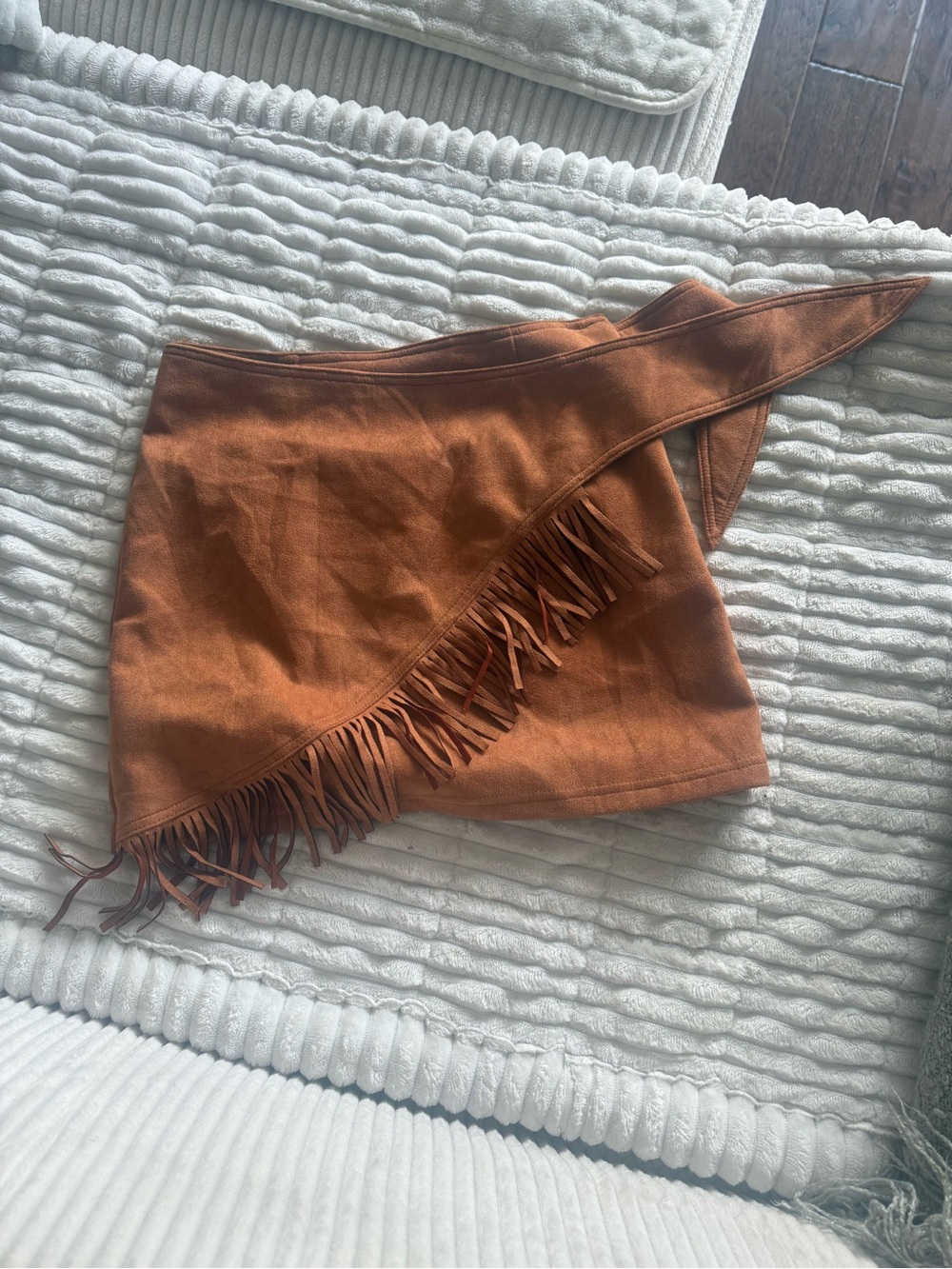 SHEIN Rust Brown Asymmetrical Fringe Wrap Mini Skirt